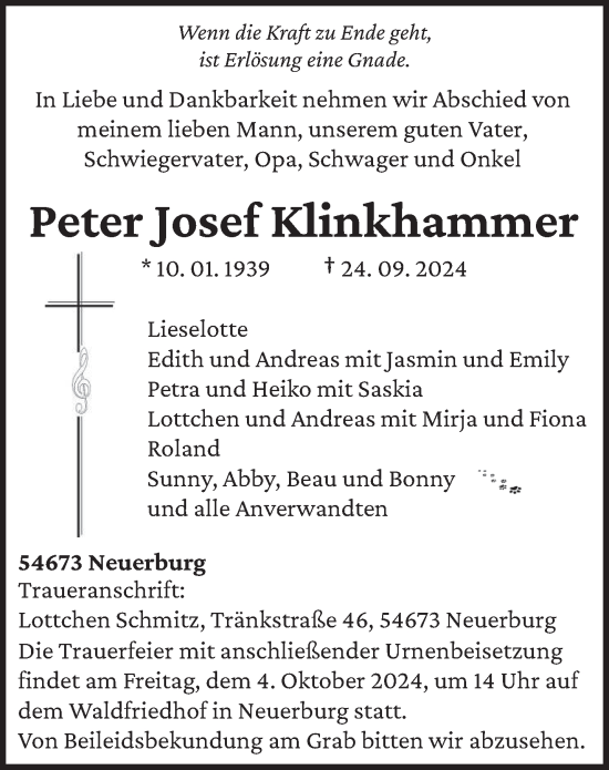 Traueranzeige von Peter Josef Klinkhammer von trierischer_volksfreund