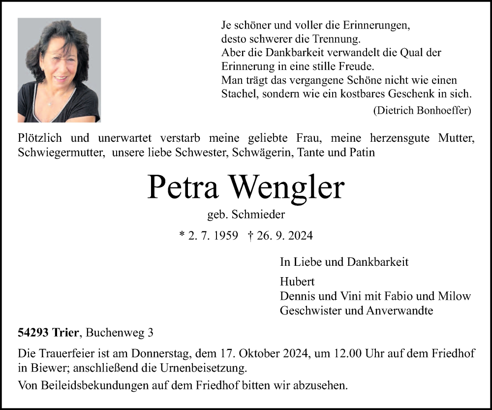  Traueranzeige für Petra Wengler vom 12.10.2024 aus trierischer_volksfreund