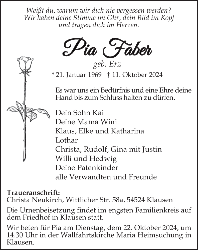  Traueranzeige für Pia Faber vom 19.10.2024 aus trierischer_volksfreund