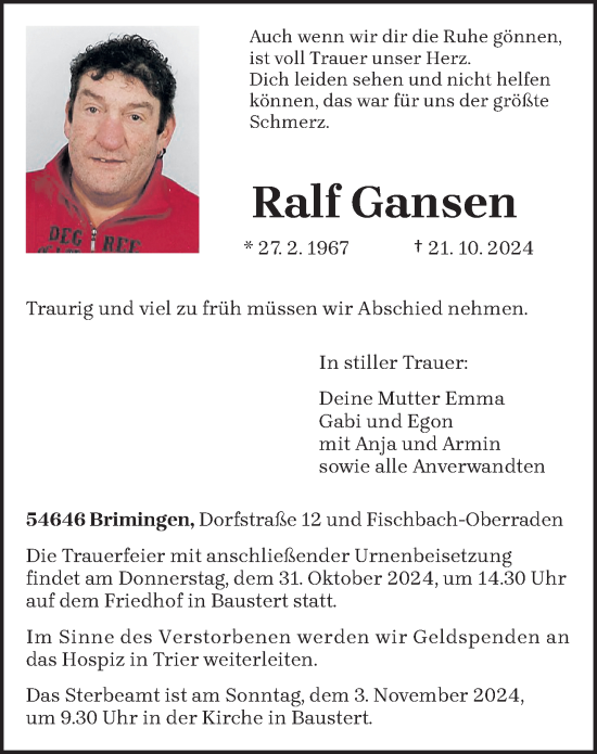 Traueranzeige von Ralf Gansen von trierischer_volksfreund