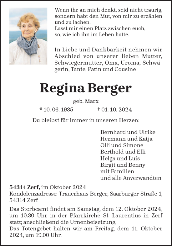 Traueranzeige von Regina Berger von trierischer_volksfreund