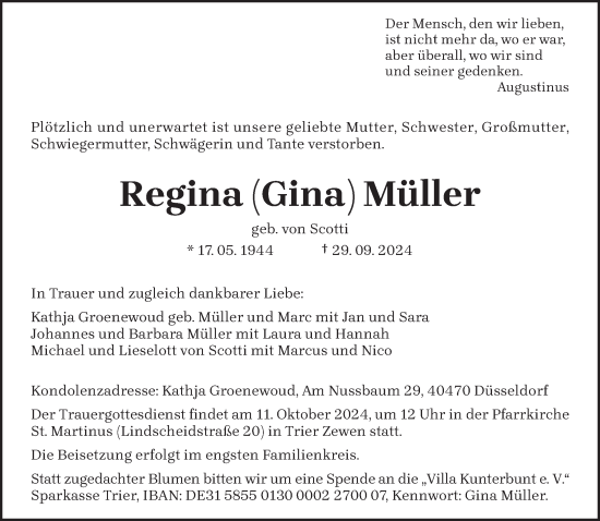 Traueranzeige von Regina Müller von trierischer_volksfreund