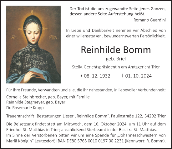 Traueranzeige von Reinhilde Bomm von trierischer_volksfreund