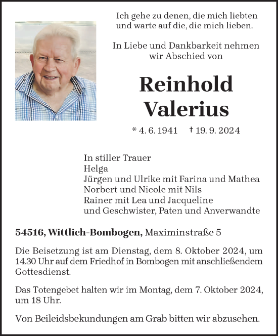 Traueranzeige von Reinhold Valerius von trierischer_volksfreund