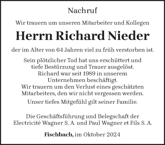 Traueranzeige von Richard Nieder von trierischer_volksfreund