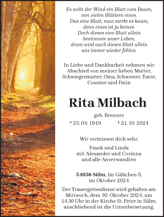 Traueranzeige von Rita Milbach von trierischer_volksfreund