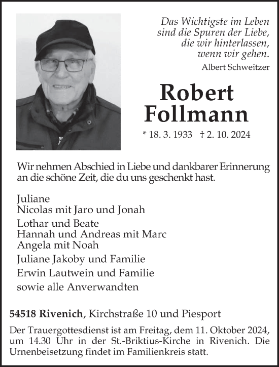 Traueranzeige von Robert Follmann von trierischer_volksfreund