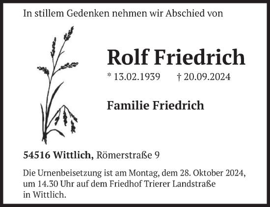 Traueranzeige von Rolf Friedrich von trierischer_volksfreund