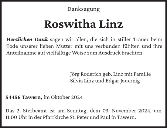 Traueranzeige von Roswitha Linz von trierischer_volksfreund