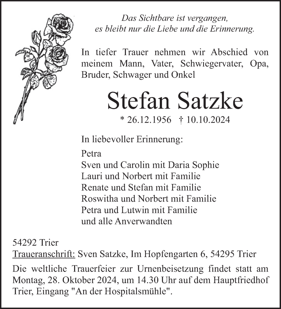  Traueranzeige für Stefan Satzke vom 23.10.2024 aus trierischer_volksfreund