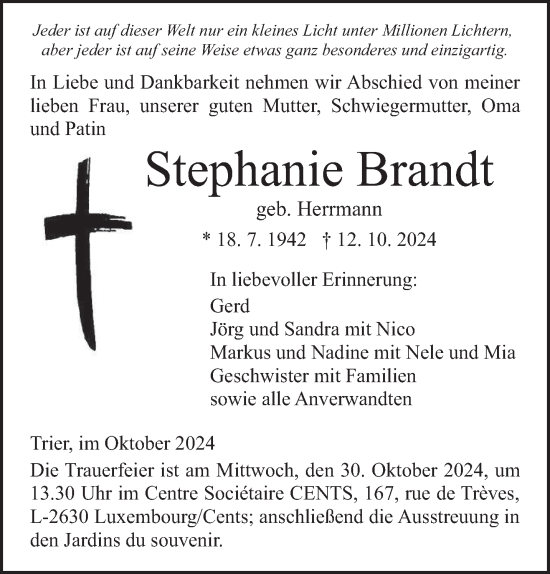 Traueranzeige von Stephanie Brandt von trierischer_volksfreund