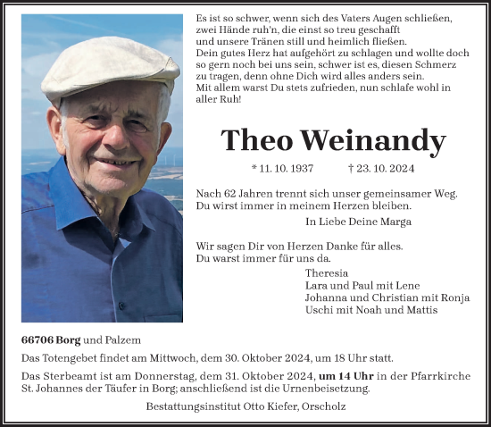 Traueranzeige von Theo Weinandy von trierischer_volksfreund