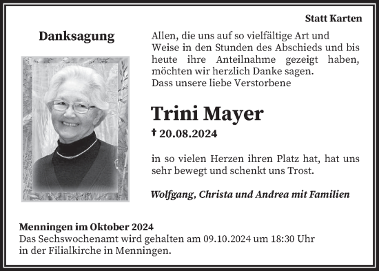 Traueranzeige von Trini Mayer von trierischer_volksfreund