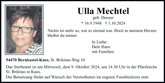 Traueranzeige von Ulla Mechtel von trierischer_volksfreund