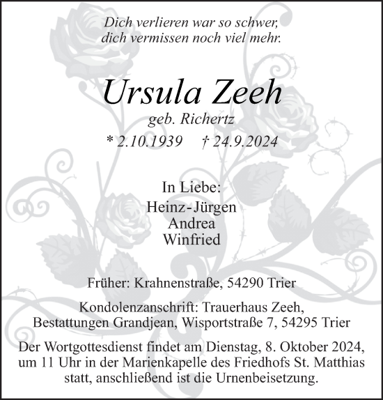 Traueranzeige von Ursula Zeeh von trierischer_volksfreund