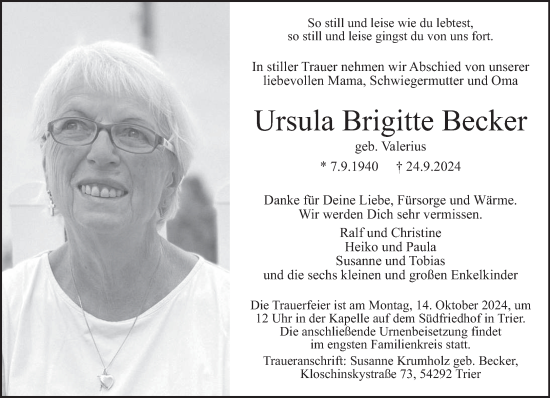 Traueranzeige von Ursula Brigitte Becker von trierischer_volksfreund