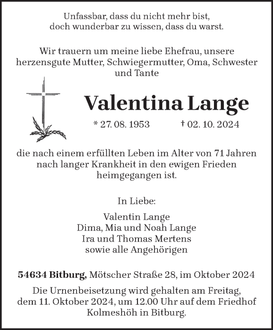 Traueranzeige von Valentina Lange von trierischer_volksfreund