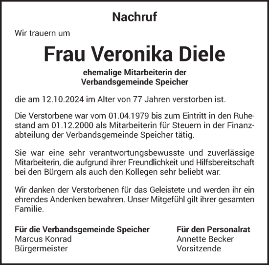 Traueranzeige von Veronika Diele von trierischer_volksfreund