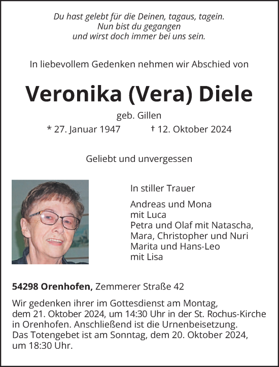 Traueranzeige von Veronika Diele von trierischer_volksfreund