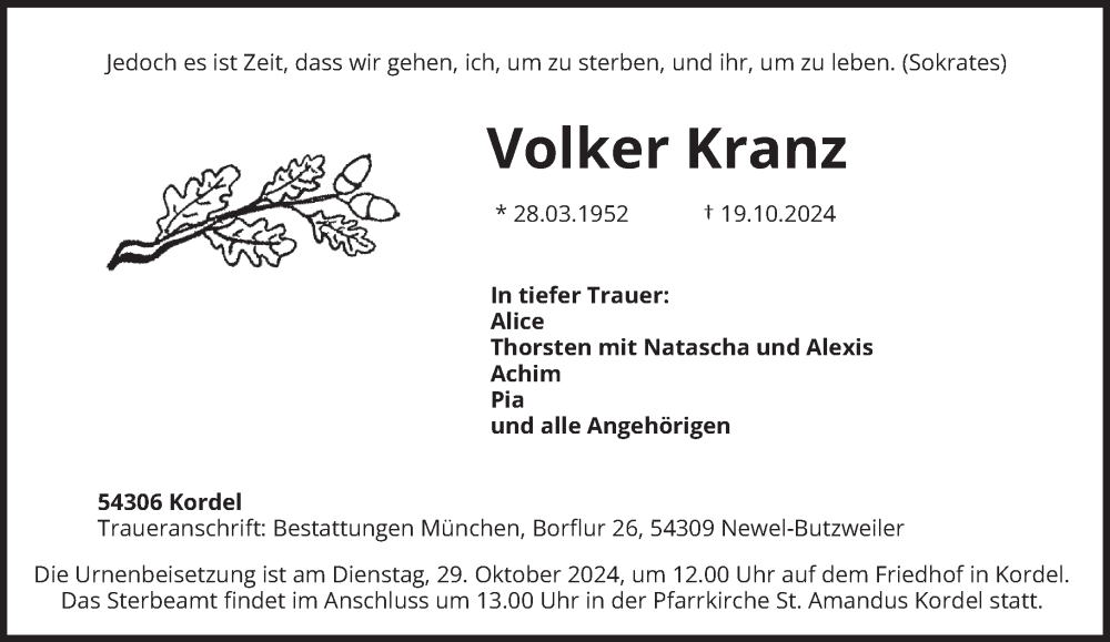  Traueranzeige für Volker Kranz vom 26.10.2024 aus trierischer_volksfreund