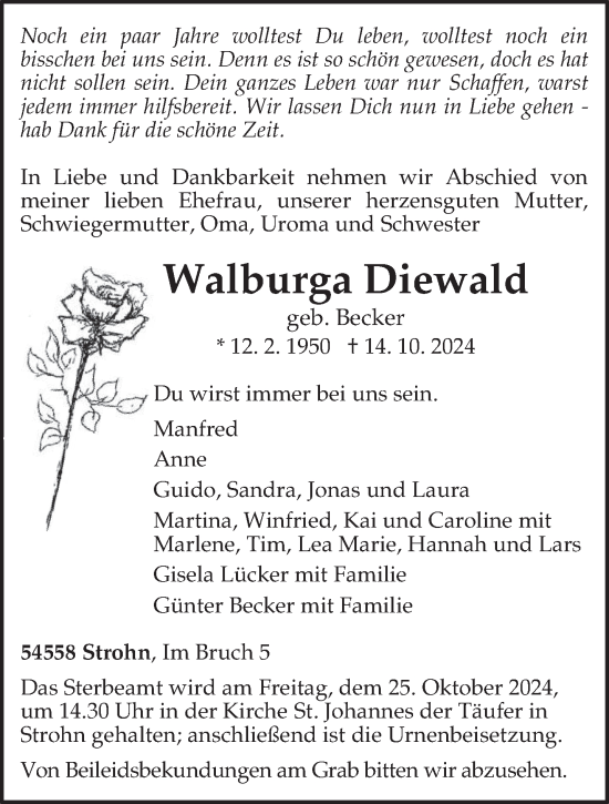 Traueranzeige von Walburga Diewald von trierischer_volksfreund