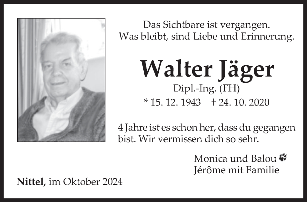  Traueranzeige für Walter Jäger vom 24.10.2024 aus trierischer_volksfreund