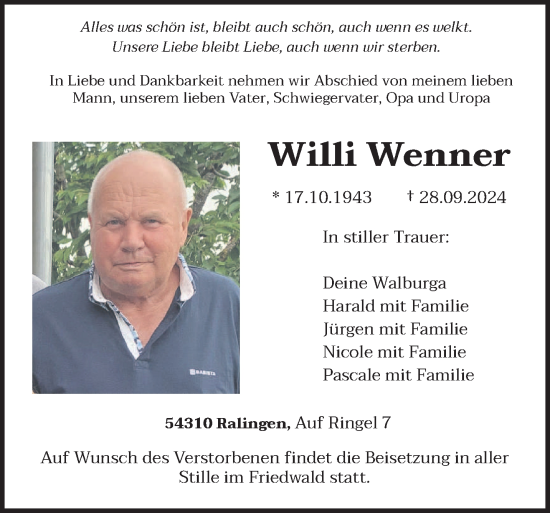 Traueranzeige von Willi Wenner von trierischer_volksfreund