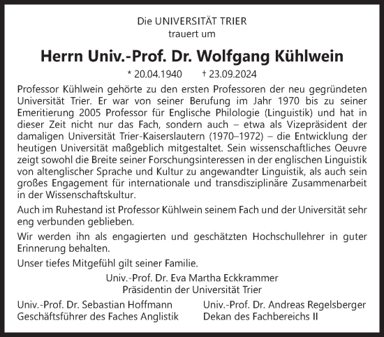 Traueranzeige von Wolfgang Kühlwein von trierischer_volksfreund