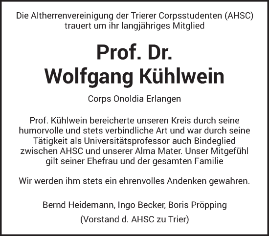 Traueranzeige von Wolfgang Kühlwein von trierischer_volksfreund