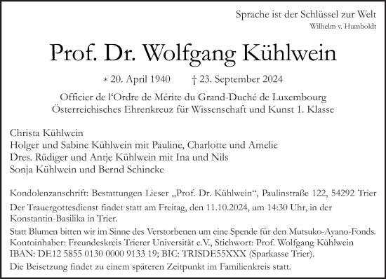 Traueranzeige von Wolfgang Kühlwein von trierischer_volksfreund