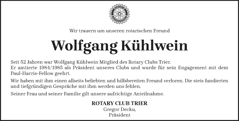  Traueranzeige für Wolfgang Kühlwein vom 05.10.2024 aus trierischer_volksfreund