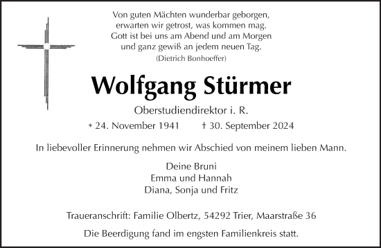 Traueranzeige von Wolfgang Stürmer von trierischer_volksfreund