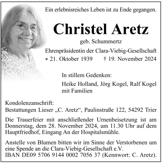 Traueranzeige von Christel Aretz von trierischer_volksfreund