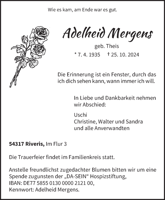 Traueranzeige von Adelheid Mergens von trierischer_volksfreund