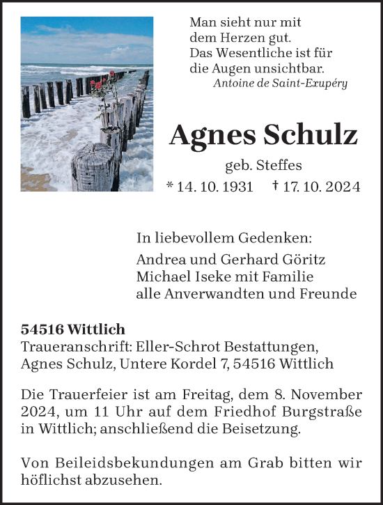 Traueranzeige von Agnes Schulz von trierischer_volksfreund