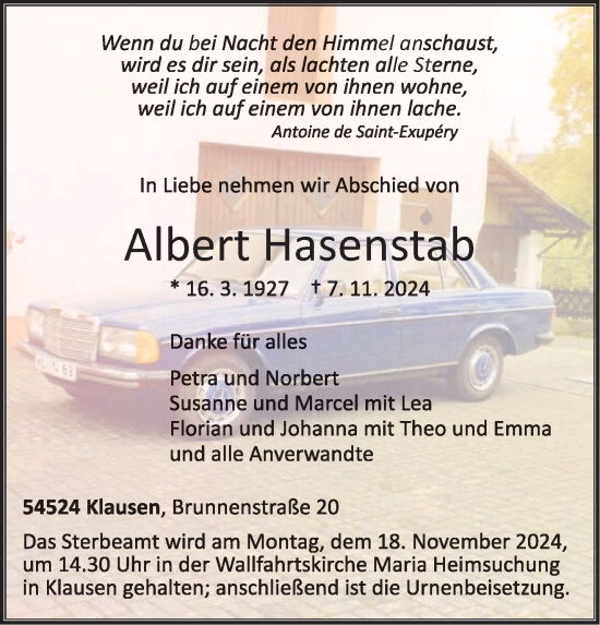 Traueranzeige von Albert Hasenstab von trierischer_volksfreund