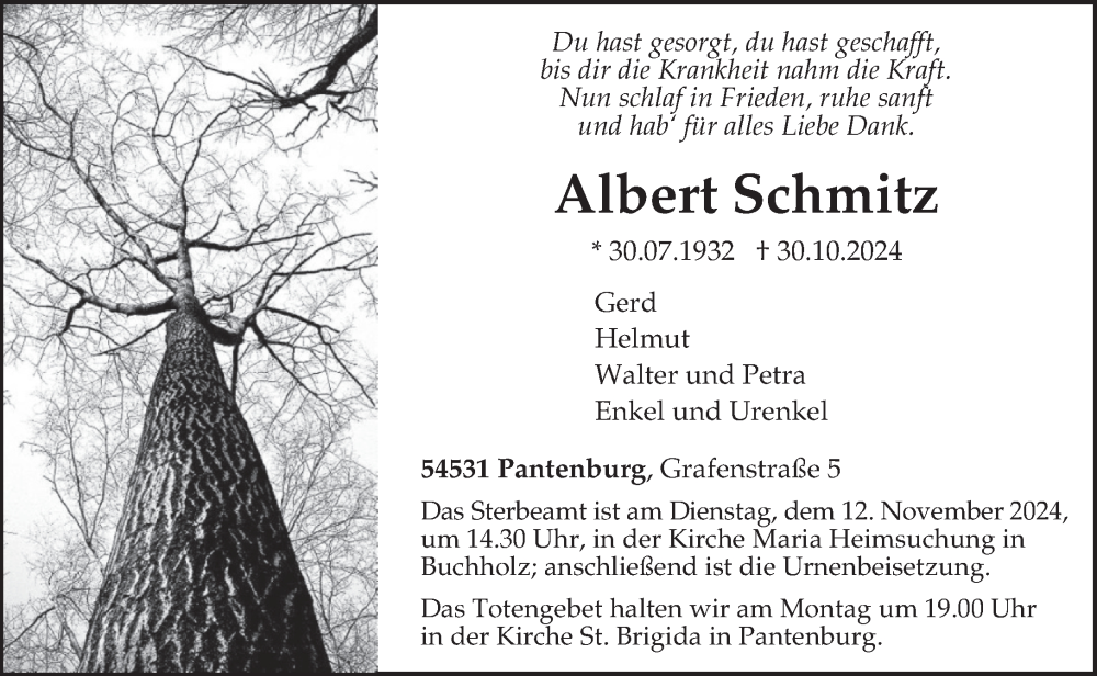  Traueranzeige für Albert Schmitz vom 06.11.2024 aus trierischer_volksfreund