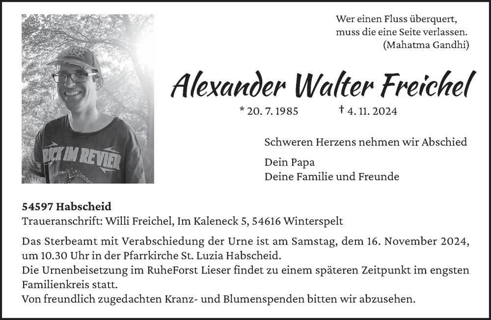  Traueranzeige für AlexanderWalter Freichel vom 09.11.2024 aus trierischer_volksfreund