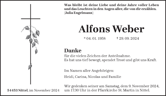 Traueranzeige von Alfons Weber von trierischer_volksfreund
