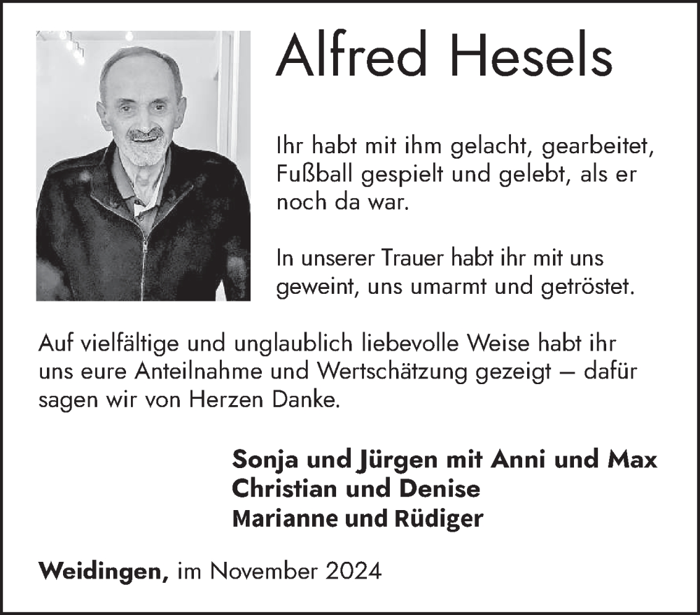  Traueranzeige für Alfred Hesels vom 23.11.2024 aus trierischer_volksfreund