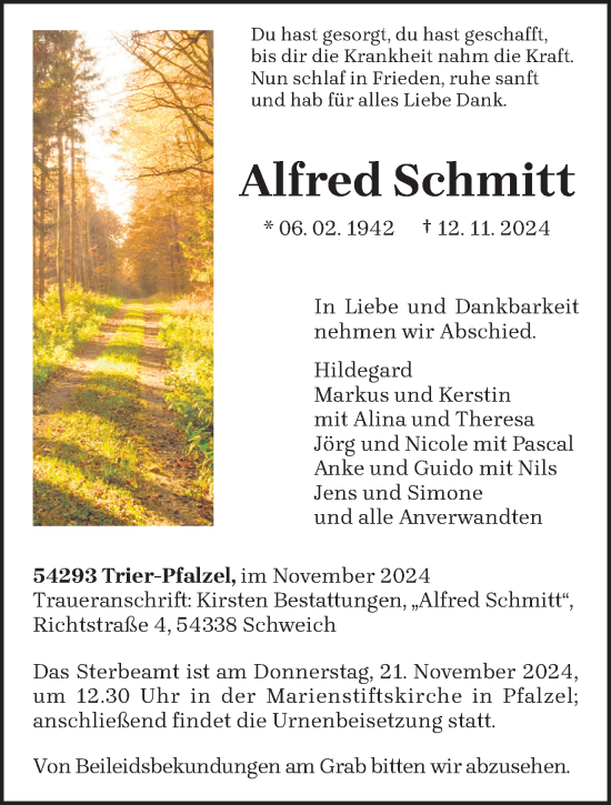 Traueranzeige von Alfred Schmitt von trierischer_volksfreund