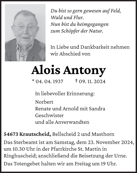 Traueranzeige von Alois Antony von trierischer_volksfreund