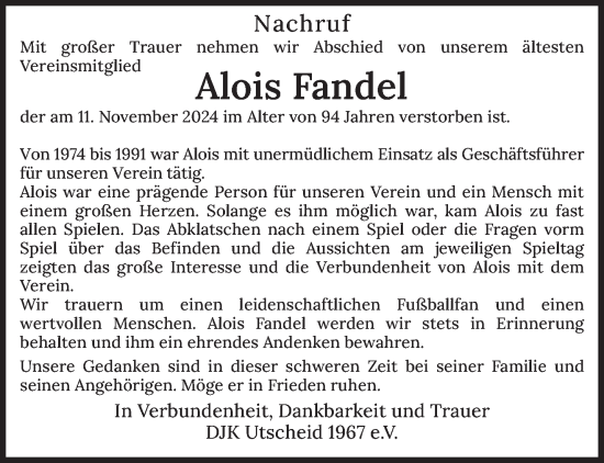 Traueranzeige von Alois Fandel von trierischer_volksfreund