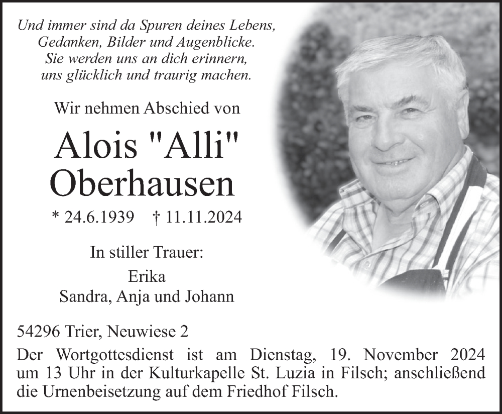  Traueranzeige für Alois Oberhausen vom 16.11.2024 aus trierischer_volksfreund