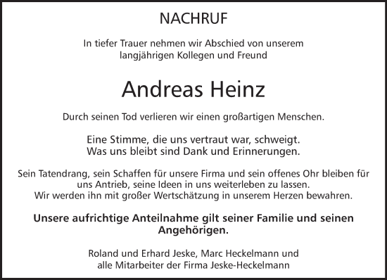 Traueranzeige von Andreas Heinz von trierischer_volksfreund