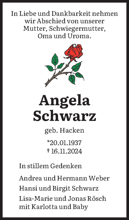 Traueranzeige von Angela Schwarz von trierischer_volksfreund