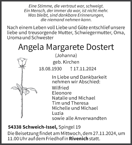 Traueranzeige von Angela Margarete Dostert von trierischer_volksfreund