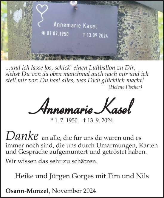 Traueranzeige von Annemarie Kasel von trierischer_volksfreund