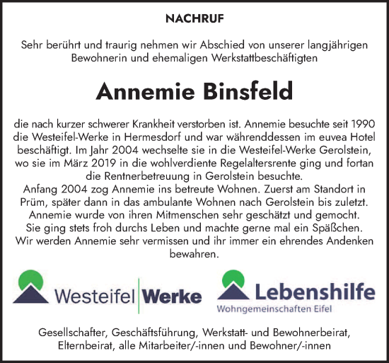 Traueranzeige von Annemie Binsfeld von trierischer_volksfreund