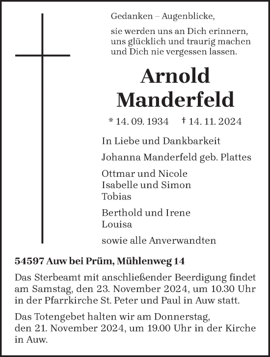 Traueranzeige von Arnold Manderfeld von trierischer_volksfreund